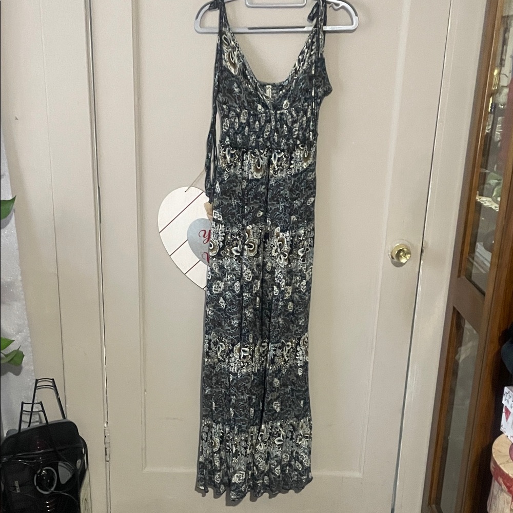 Anthropologie Black, Cream and Gold Printed Smocked Dress